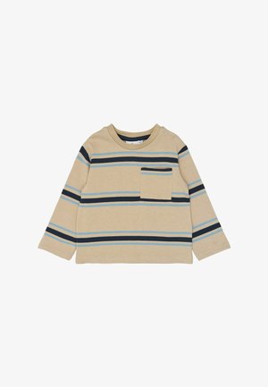 Beige overhemd met lange mouwen met horizontale zwarte en lichtblauwe strepen en een klein zakje op de linkerborst.