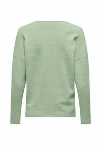 Hellgrüner Pullover mit langen Ärmeln, Rippbündchen und Raglanärmeln, von hinten vor weißem Hintergrund gezeigt.