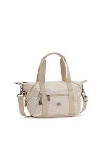 Beige håndtaske med mønster, to øverste håndtag og en aftagelig skulderrem. Inkluderer en lynlåslomme foran og metalvedhæng som detalje.