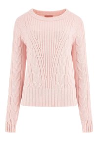 Suéter de punto rosa con dobladillo y puños acanalados, con detalle de punto de cable en el cuerpo y las mangas. Diseño de cuello redondo.