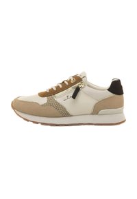 Zapatillas con una parte superior de cuero blanco, acentos de gamuza beige y detalles de piel de serpiente texturizada. Presenta un zip lateral y lengüetas de cordones marrones.