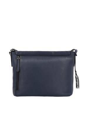 Dark blue leather crossbody bag with a front zip pocket and adjustable strap, minimalist design with subtle text detail.