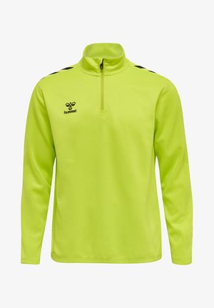 Långärmad tröja i klar limegrön färg, med en kvartdragkedja, svarta axeldetaljer och en liten logotyp på bröstet.