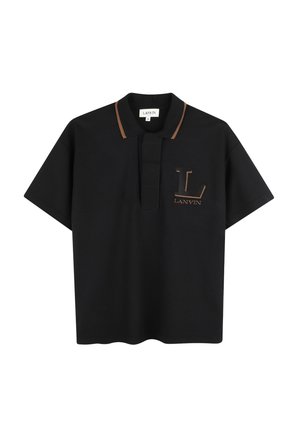 Zwarte poloshirt van textiel met een korte kraag met bruine rand en een borstzak met geborduurde "L" en "LANVIN."