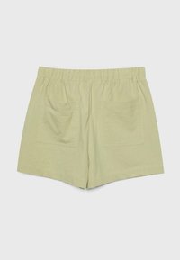 Shorts en lin de couleur vert clair, dotés d'une taille élastique, de deux poches arrière et d'une coupe décontractée. Texture lisse, design casual.