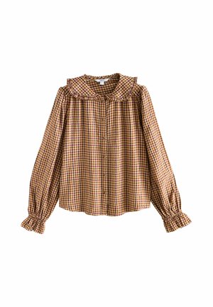 Blusa a scacchi marrone e gialla con colletto arricciato, maniche lunghe a sbuffo e chiusura a bottoni. Il tessuto è leggero e testurizzato.