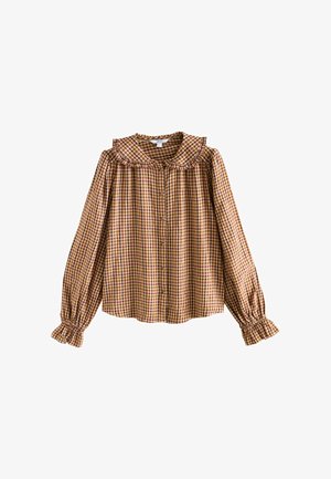 Brown en gele ginghamblouse met een gerimpelde kraag, lange pofmouwen en knoopsluiting aan de voorkant. De stof is lichtgewicht en gestructureerd.