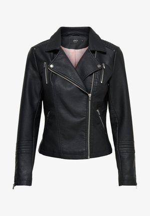 Veste de moto en cuir noir avec un col cranté, fermeture éclair frontale asymétrique, poches zippées et finitions côtelées sur les épaules et les manches.