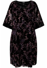 Mustat samettimekot, joissa on leveät hihat ja V-pääntie. Kukkakuosi violetin ja sinisen sävyissä. Pehmeä rakenne ja löysä istuvuus.