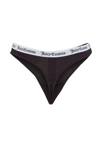Zwarte stringondergoed met een witte elastische tailleband waarop de tekst "Juice Couture" staat. Gladde stof, minimalistisch ontwerp en gematigde bedekking.