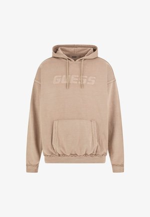 Beige Kapuzenpullover mit Kordelzug, gerippten Bündchen und gerafftem Saum. Mit einer großen Fronttasche und gesticktem Markenlogo.