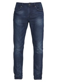 Dark denim jeans with a fitted silhouette. Features five pockets, a button fly, and subtle whiskering details on the front. Clean design.