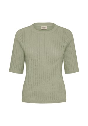 Pull en maille vert clair à manches courtes avec motif ajouré vertical et encolure ronde, de la marque "fransa".