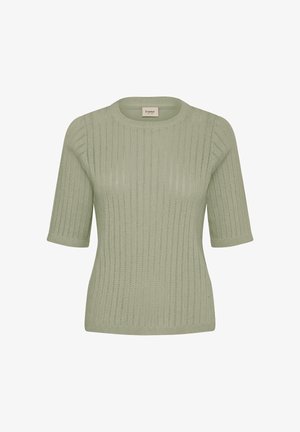Pull en maille vert clair à manches courtes avec motif ajouré vertical et encolure ronde, de la marque "fransa".
