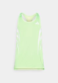 Grünes Sporttanktop aus strukturiertem Mesh-Stoff, mit weißen diagonalen Streifen und einem Adidas-Logo auf der oberen rechten Seite.