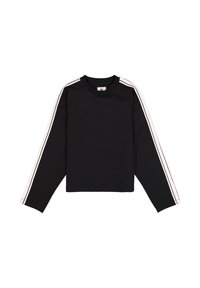 Schwarzes Langarmshirt mit einem cropped Design. Verfügt über weiße und rosa Streifen entlang der Ärmel. Hergestellt aus weichem Stoff mit rundem Halsausschnitt.