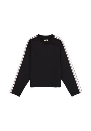 Zwarte longsleeve met een cropped ontwerp. Bevat witte en roze strepen langs de mouwen. Gemaakt van zachte stof met een ronde halslijn.
