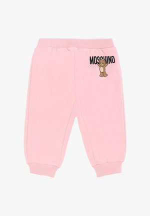Roze katoenen sweatpants met een elastische tailleband en boorden. Beschikt over een Moschino-logo en een cartoonbeerafbeelding op de voorkant.