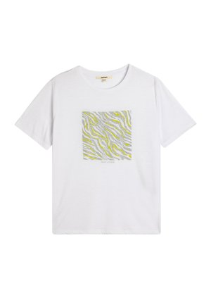 T-shirt bianca a maniche corte con una grafica quadrata in motivi astratti di onde grigie e gialle, realizzata in morbido cotone.