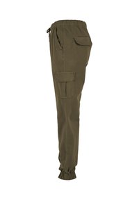 Olive green cargo pants with elastic waistband, drawstring, flap pockets on thigh and back, and elastic cuffs at ankles.
