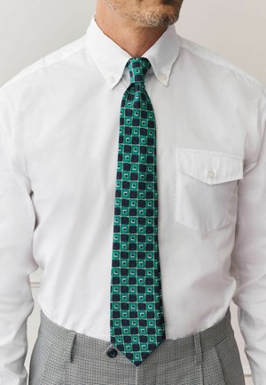 Vīrietis, tērpies baltā pogājamā kreklā, zaļi zils ģeometrisks kaklasaite un pelēkas rūtainas bikses, redzams no kakla līdz viduklim.
