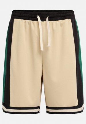 Pantalones cortos deportivos beige con paneles laterales en negro, verde y blanco, cinturilla elástica y cordón. Tejido texturizado con rayas deportivas.