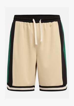 Beige sportieve shorts met zwarte, groene en witte zijkanten, elastische tailleband en trekkoord. Textuurstof met sportieve strepen.