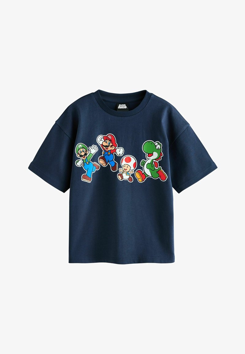 Chemise bleu marine avec les personnages colorés de Super Mario Luigi, Mario, Toad et Yoshi en positions de saut et de marche sur la poitrine.