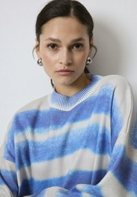 Blauwe en witte gestreepte trui met geribbelde ronde hals. Zachte, gebreide textuur, met brede horizontale strepen in verschillende tinten blauw.