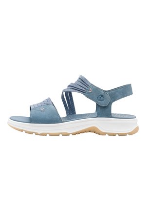 Sandale de sport bleue avec bride arrière réglable, bandes élastiques à l'avant, semelle rembourrée et semelle extérieure beige crantée, vue de côté.