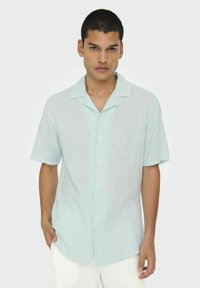 Camisa de manga corta abotonada en verde menta con cuello, que presenta una textura sutil y una tela ligera. Frontal liso, con detalles mínimos y un corte relajado.