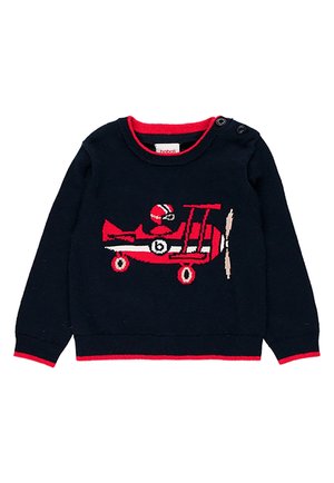 Navyblå lillebørns sweater med rød kant, der har et rødt vintage fly og pilot design foran, med to knapper på skulderen.