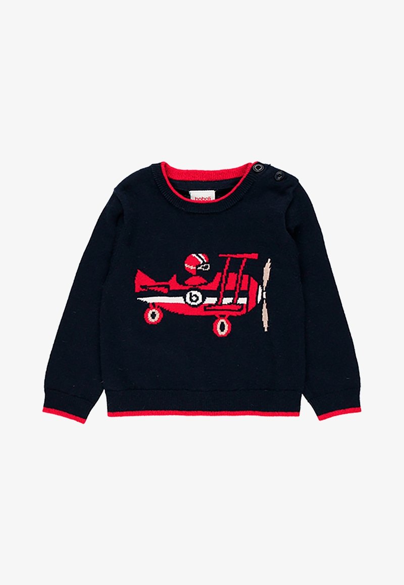 Pull bleu marine pour tout-petit avec bordure rouge, présentant un motif rouge d'avion vintage et de pilote sur le devant, avec deux boutons à l'épaule.