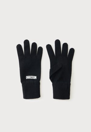  Paire de gants en tricot noir avec poignets côtelés, un gant présentant le logo Moschino blanc sur le dos de la main.