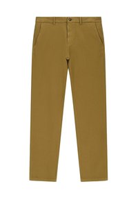 Khaki rechtstreeks lopende broek van zachte stof, met zijzakken, een knoopsluiting en een gladde textuur.