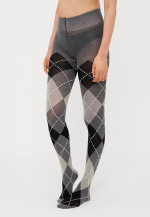 Collant a motivo argyle grigio e nero con una texture morbida, caratterizzati da forme geometriche e cuciture bianche per un effetto di accento.