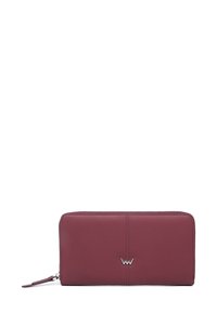 Burgundy leather wallet with a smooth finish, zip closure, and embossed logo on the front. Rectangular shape, minimalistic design.