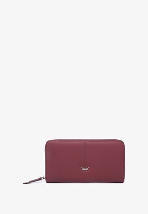 Burgundy leather wallet with a smooth finish, zip closure, and embossed logo on the front. Rectangular shape, minimalistic design.