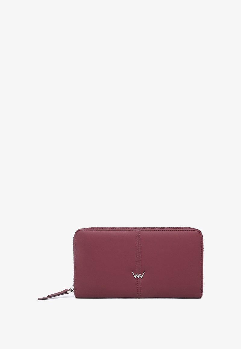 Burgundy leather wallet with a smooth finish, zip closure, and embossed logo on the front. Rectangular shape, minimalistic design.