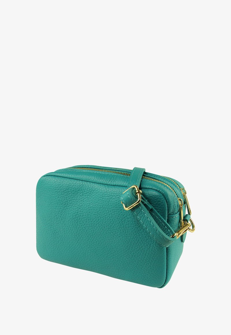 Turquoise leren crossbodytas met gouden accenten, rechthoekige vorm, twee ritssluitingen en een gestructureerd oppervlak. Verstelbare band inbegrepen.