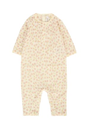 Un.body jaune clair avec un motif répétitif de ballons roses et de tiges jaunes. Manches longues et fermetures à pression en bas.