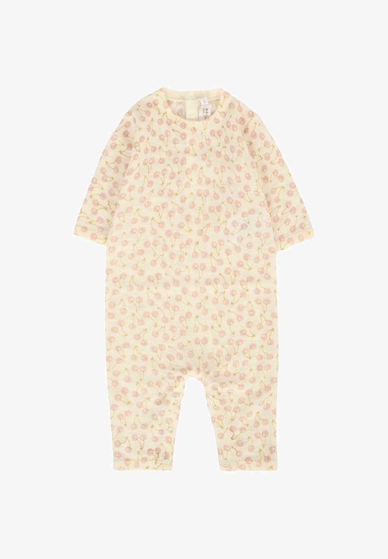 Lichtgele onesie met een herhalend patroon van roze ballonnen met gele stelen. Lange mouwen en drukknoopsluitingen aan de onderkant.