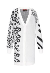 Cardigan bianco con stampa animale nera su un lato e motivi astratti neri sull'altro. Textura morbida e pelosa; chiusura con bottoni e scollatura a V.