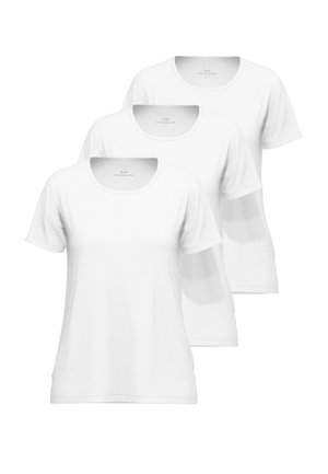 Three white cotton T-shirts with short sleeves, round necklines, and a smooth texture. No patterns or additional details are present.