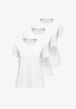 Three white cotton T-shirts with short sleeves, round necklines, and a smooth texture. No patterns or additional details are present.