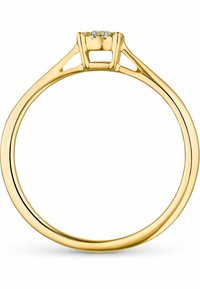 Gelbgoldring mit einem schlanken Band und einem in Krappen gefassten runden Diamanten oben, mit offener Ausgestaltung an den Seiten des Bands.