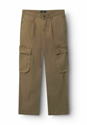 Pantaloni cargo khaki a taglio dritto, con due tasche laterali e chiusura a bottone. Realizzati in un tessuto resistente con una texture liscia.
