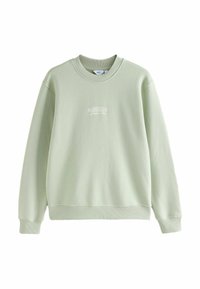 Light green sweatshirt made of soft fabric. Crew neckline, long sleeves, ribbed cuffs and hem. Features white printed text on the front.