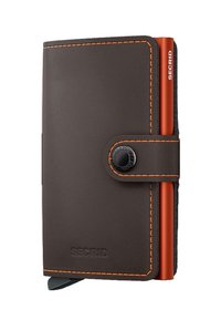 Brown leather wallet with orange stitching, featuring a snap closure, embossed logo, and a compact design for cards.