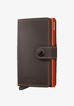 Brown leather wallet with orange stitching, featuring a snap closure, embossed logo, and a compact design for cards.